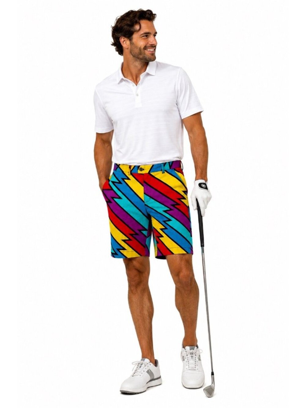 LOUDMOUTH golf shorts captain thunderbolt 32 bright bold zig zag 10" inseam